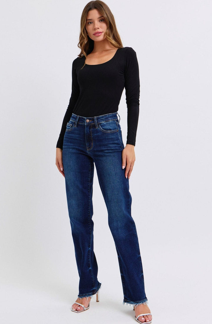 Judy Blue Mid Rise Frayed Hem Straight Leg Jeans