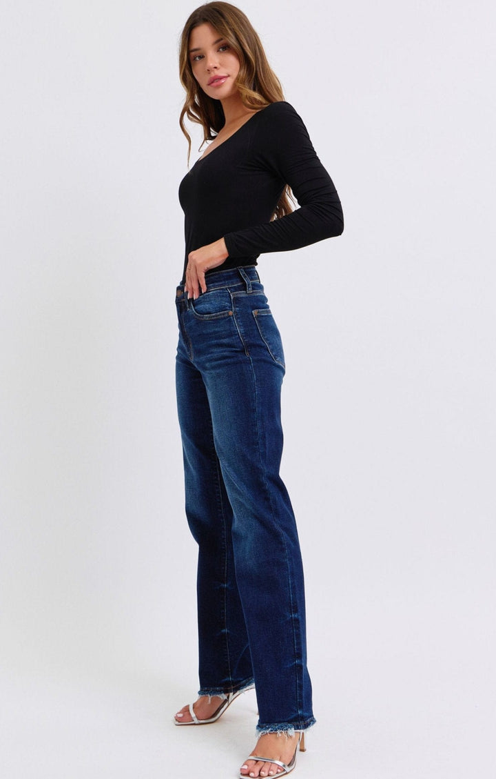 Judy Blue Mid Rise Frayed Hem Straight Leg Jeans