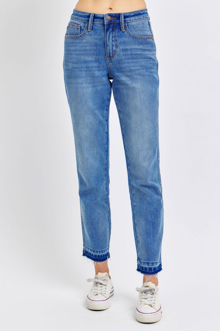 Judy Blue Mid Rise Rigid Magic Released Hem Boyfriend Fit Jeans