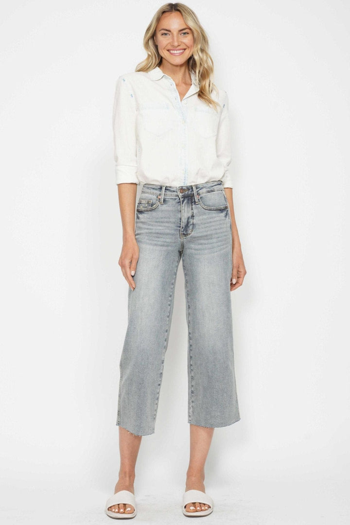 Judy Blue Mid Rise Tummy Control Raw Hem Cropped Wide Leg Jeans