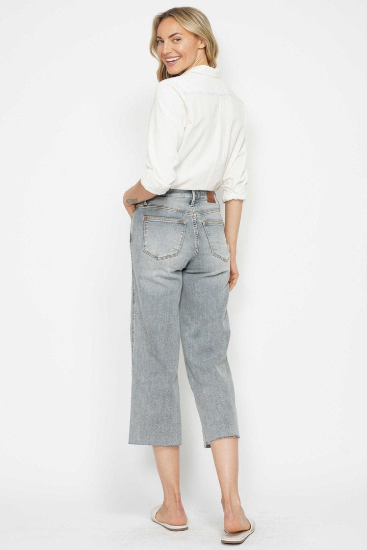 Judy Blue Mid Rise Tummy Control Raw Hem Cropped Wide Leg Jeans