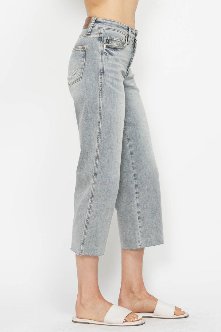 Judy Blue Mid Rise Tummy Control Raw Hem Cropped Wide Leg Jeans