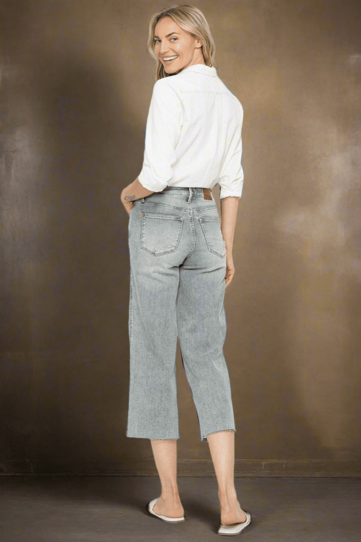 Judy Blue Mid Rise Tummy Control Raw Hem Cropped Wide Leg Jeans