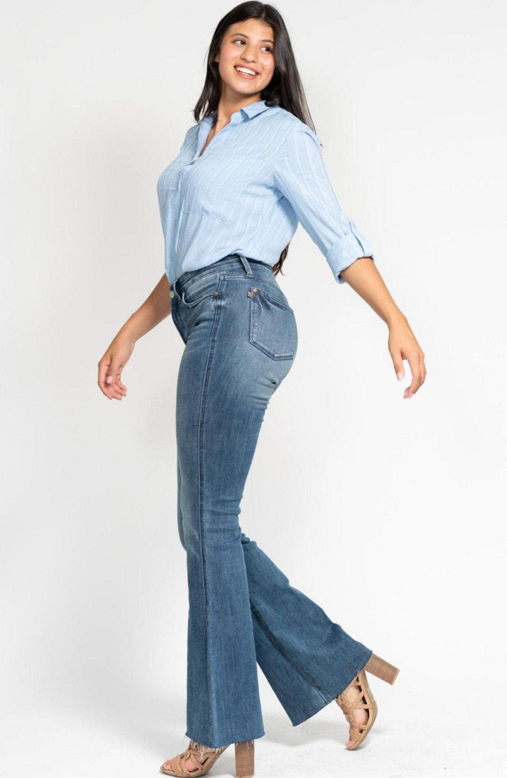 Judy Blue Mid Rise Tummy Control Vintage Wash Cut Hem Flare Leg Jeans