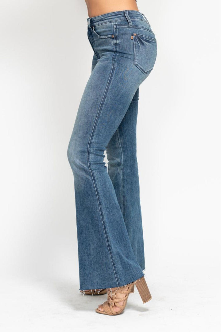 Judy Blue Mid Rise Tummy Control Vintage Wash Cut Hem Flare Leg Jeans