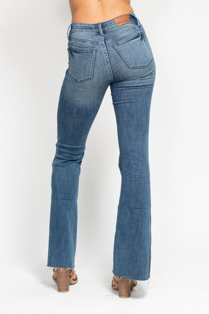 Judy Blue Mid Rise Tummy Control Vintage Wash Cut Hem Flare Leg Jeans