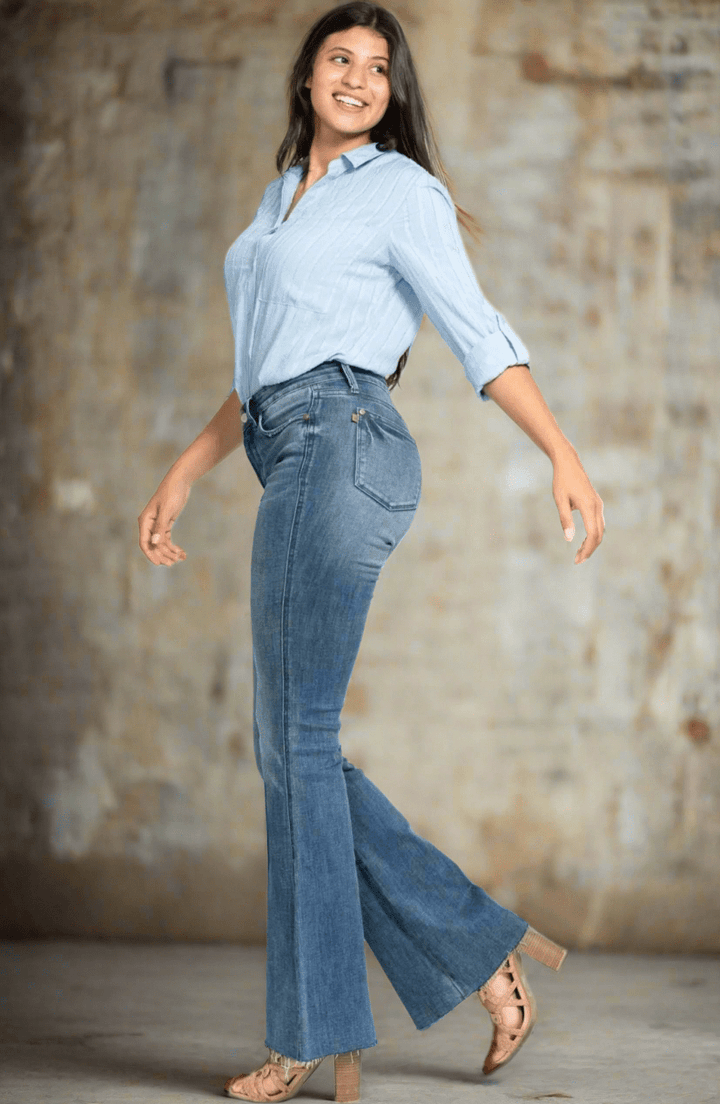 Judy Blue Mid Rise Tummy Control Vintage Wash Cut Hem Flare Leg Jeans