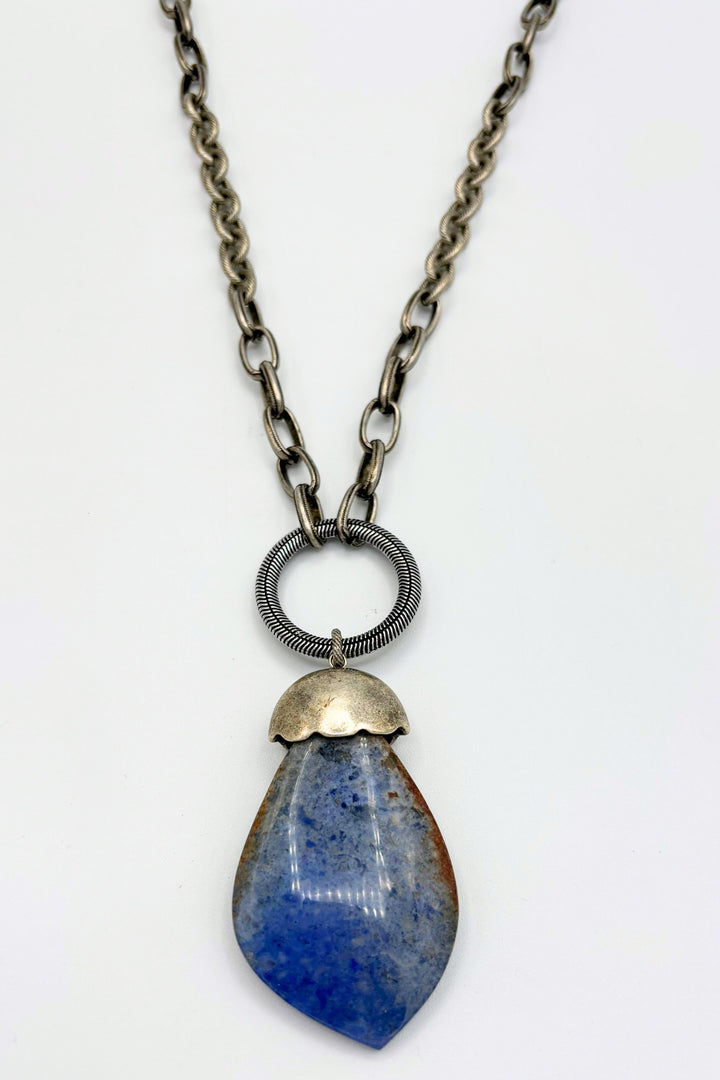 Large Pointed Genuine Stone Pendant on Mixed Paperclip and Cable Long Chain Necklace