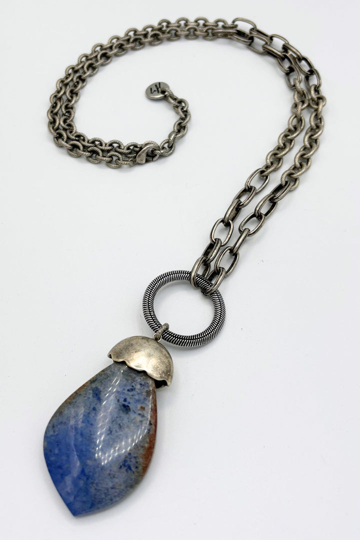 Large Pointed Genuine Stone Pendant on Mixed Paperclip and Cable Long Chain Necklace