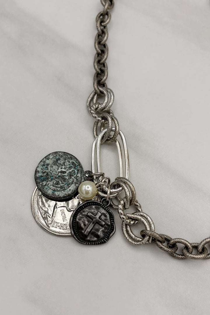 Layered Coin Pendant Mixed Etched Cable Chain Necklace