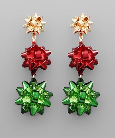 Layered Metal Christmas Gift Bow Dangle Earrings