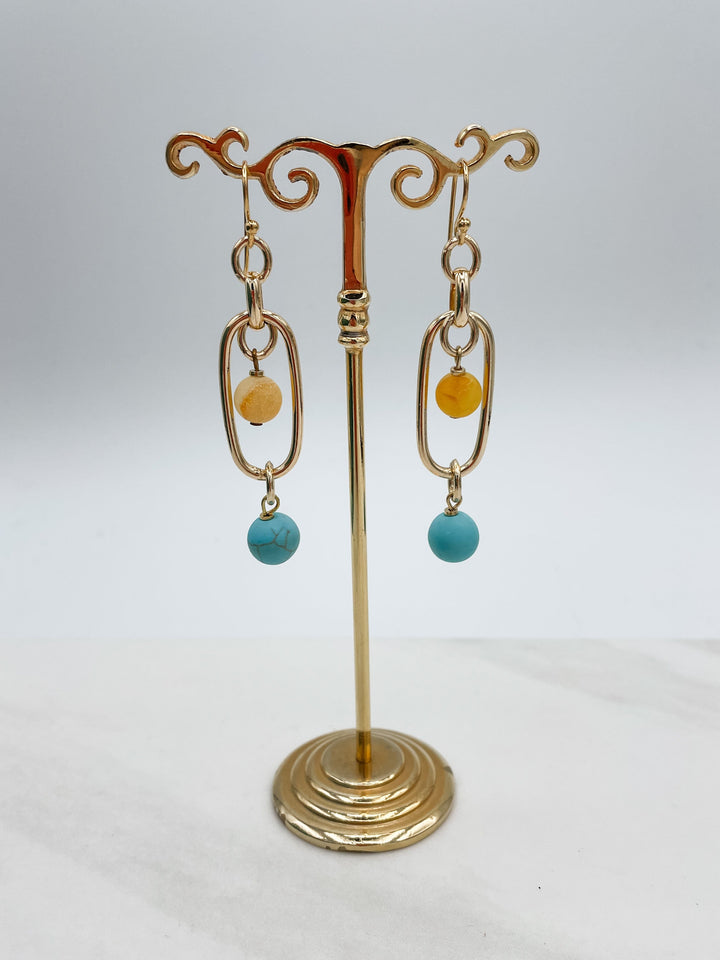 Leila Chain Earrings with Blue and Yellow Stone Beads