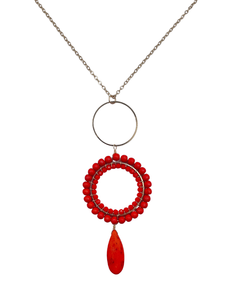 Long Chain Necklace with Orange Beaded Circle and Pendant