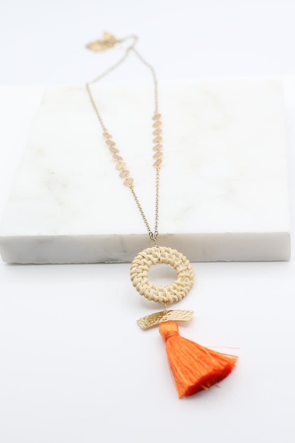 Long Disk Chain Necklace with Woven Circle, Gold Bar and Tassel