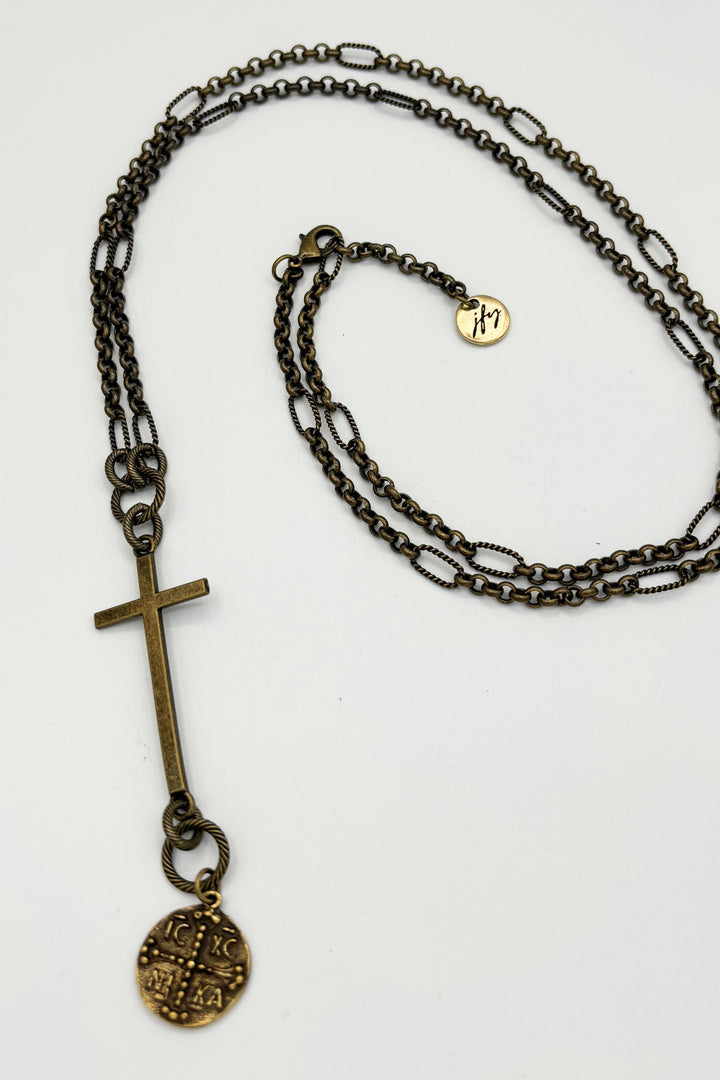 Long Mixed Circle and Paperclip Chain Necklace with Roman Coin Dangling from Cross Charm