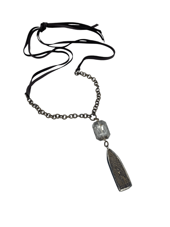 Long Statement Necklace with Leather, Chain, Large Crystal and Large Charm