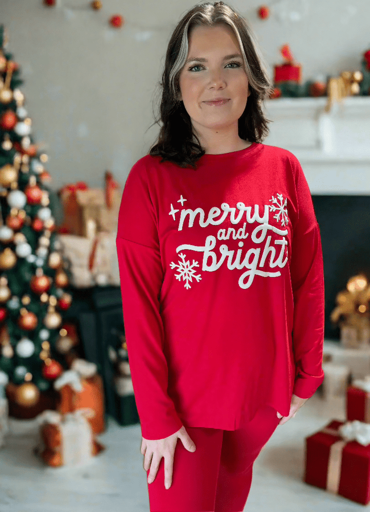 Merry & Bright Snowflake Design Round Neck Brushed Microfiber Loungewear Set