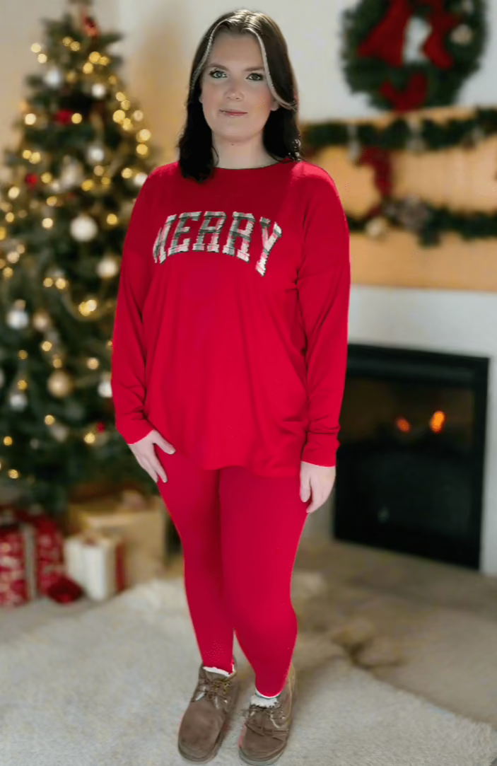 "MERRY" Christmas Plaid Lettering Round Neck Brushed Microfiber Long Sleeve Loungewear Set