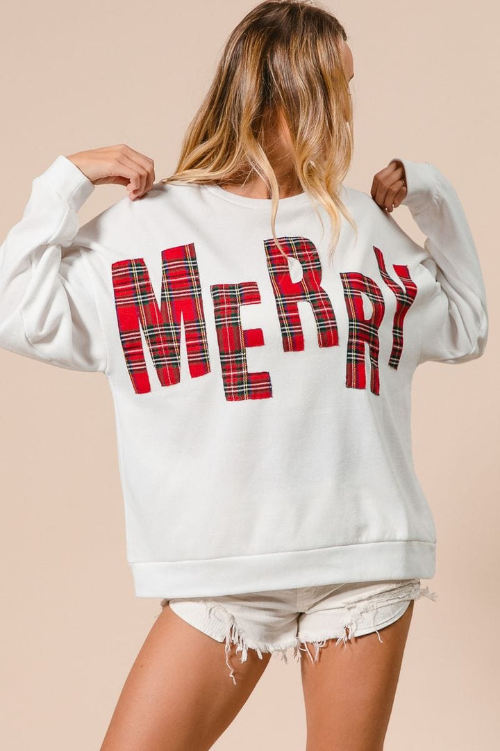 MERRY Plaid Lettering Christmas Fleece Sweatshirt Pullover