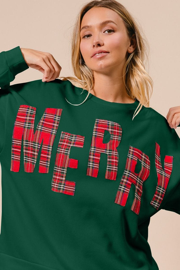 MERRY Plaid Lettering Christmas Fleece Sweatshirt Pullover