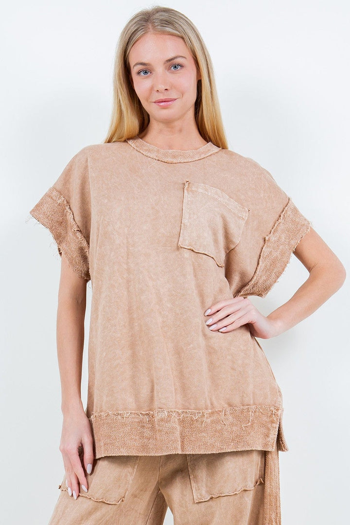 Mineral Wash Cap Sleeve Pocket Top