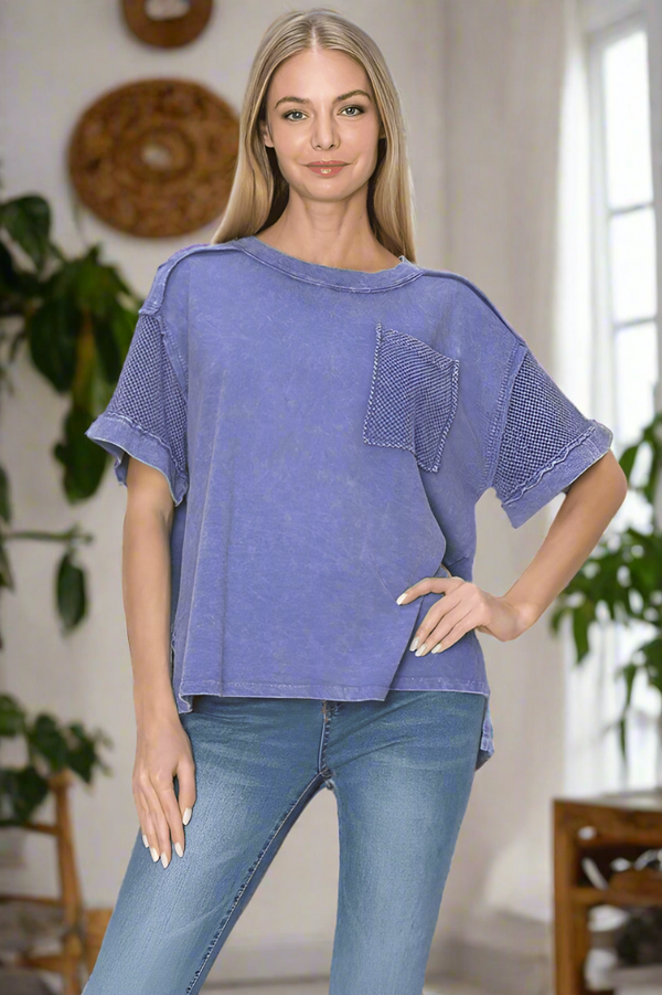 Mineral Washed Mesh Pocket and Sleeve Top