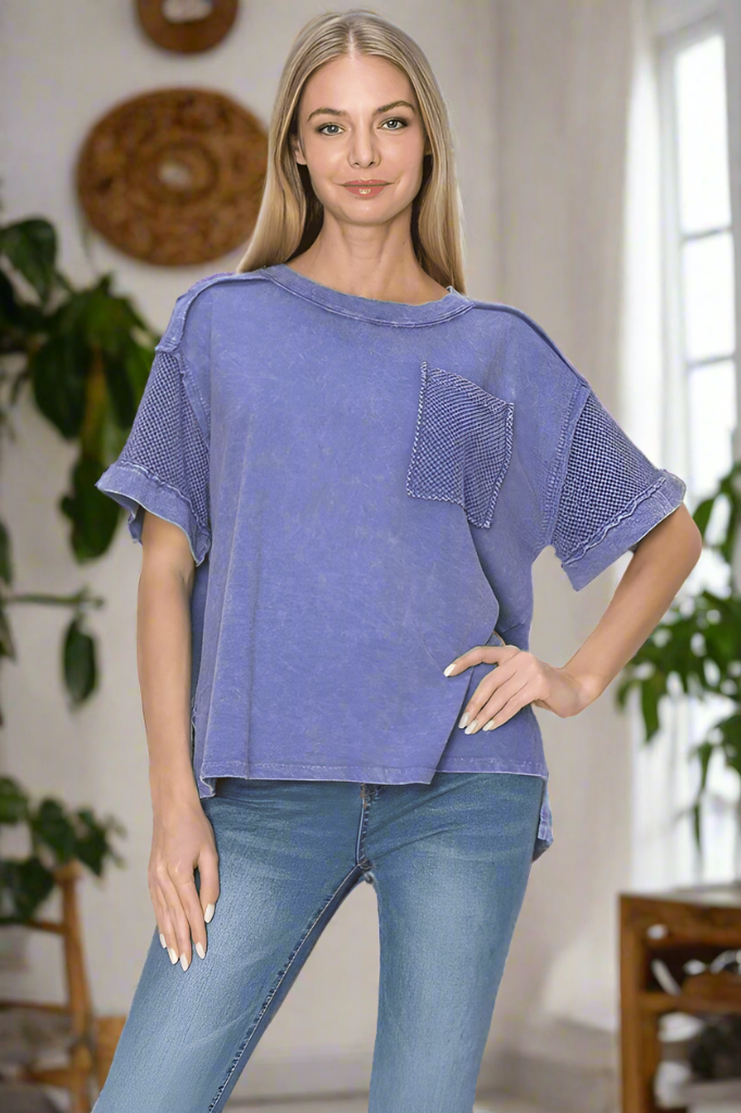 Mineral Washed Mesh Pocket and Sleeve Top