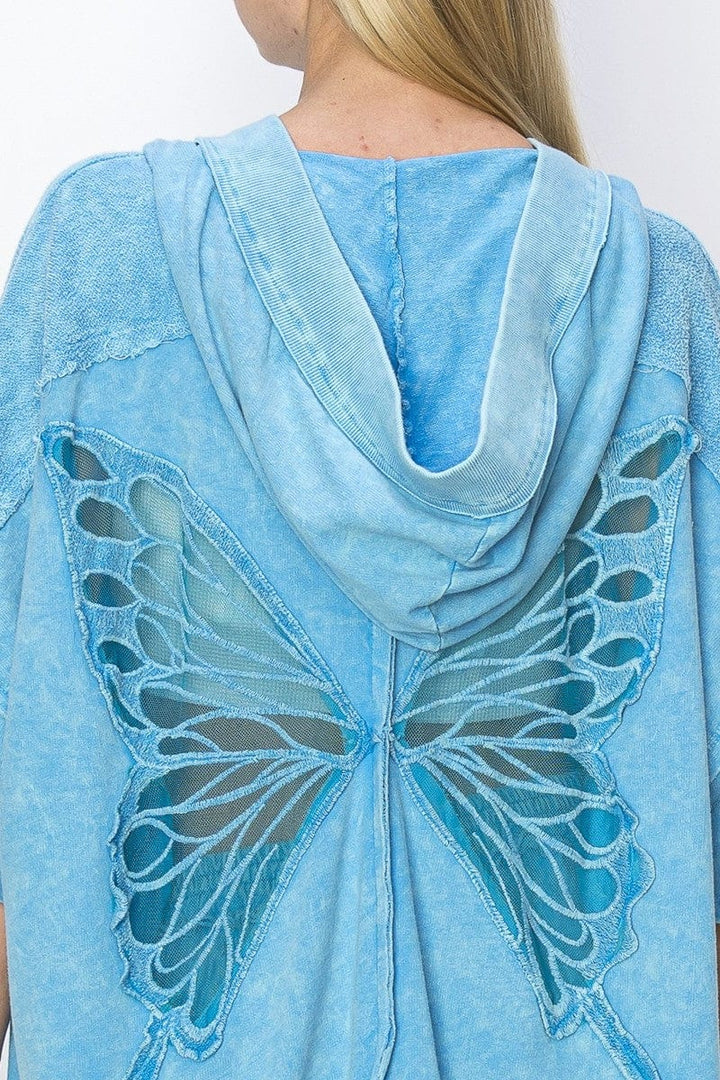 Mineral Washed See Through Butterfly Applique Short Sleeve Hooded Shacket