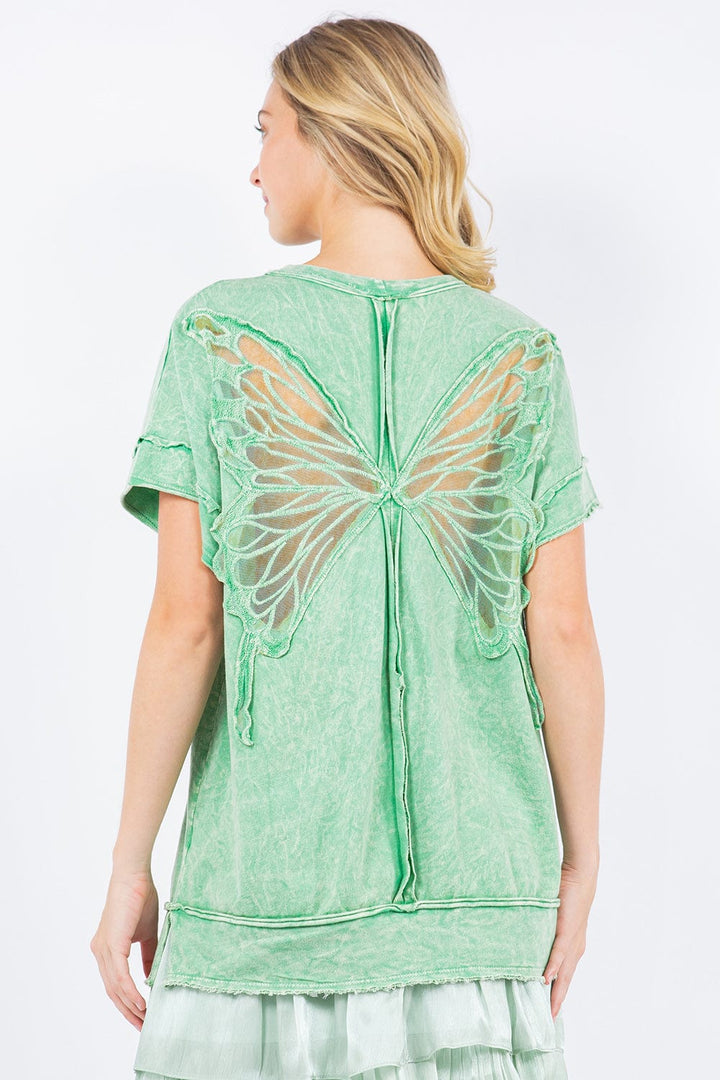 Mineral Washed See Through Butterfly Applique Short Sleeve Shirt