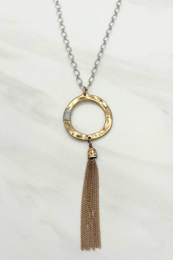 Mixed Metal Hammered Circle and Chain Tassel Long Necklace
