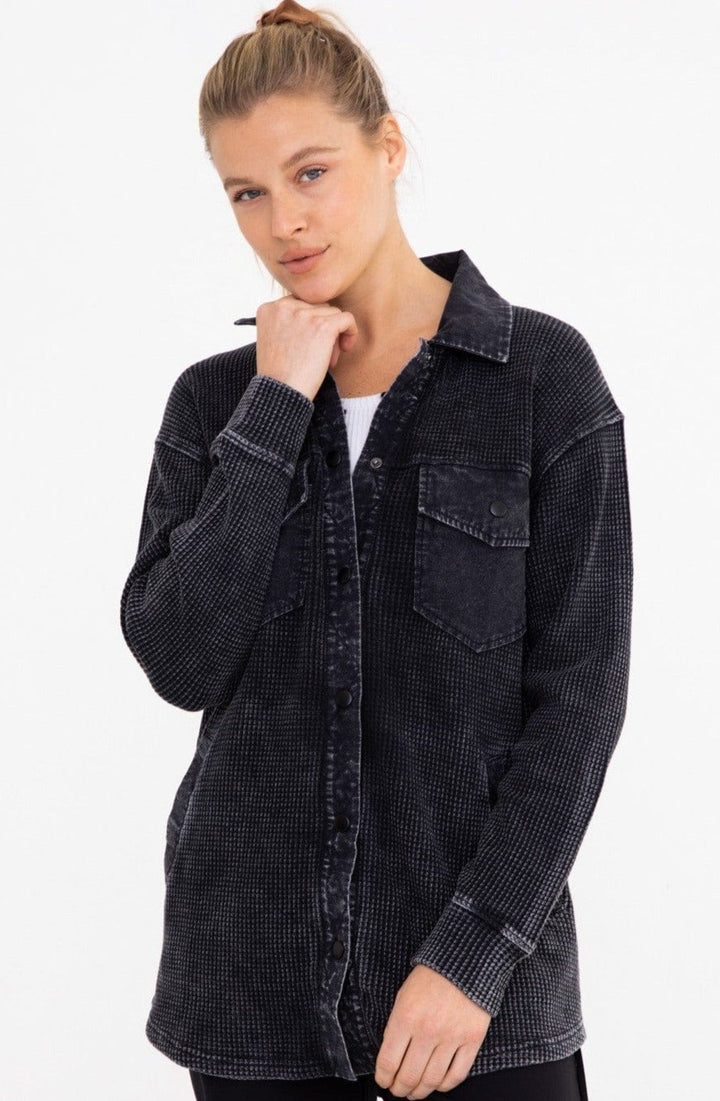 Mono B Waffle Knit Mineral-Washed Button Down Jacket