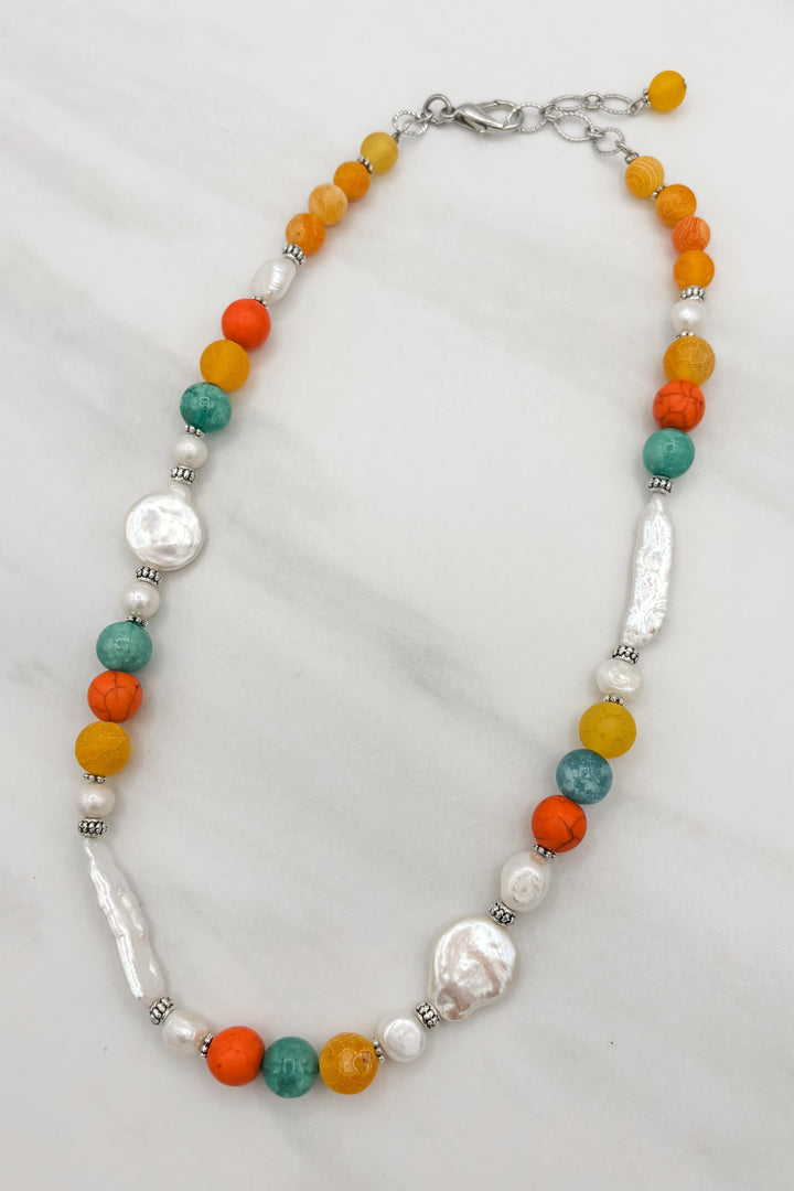 Multi Color Genuine Stones with Fresh Water Pearls Necklace