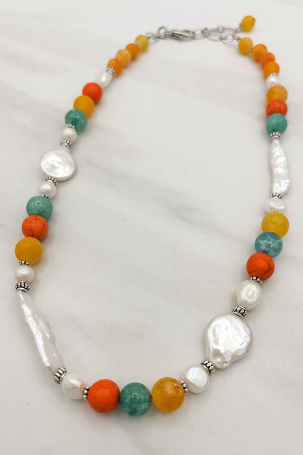 Multi Color Genuine Stones with Fresh Water Pearls Necklace