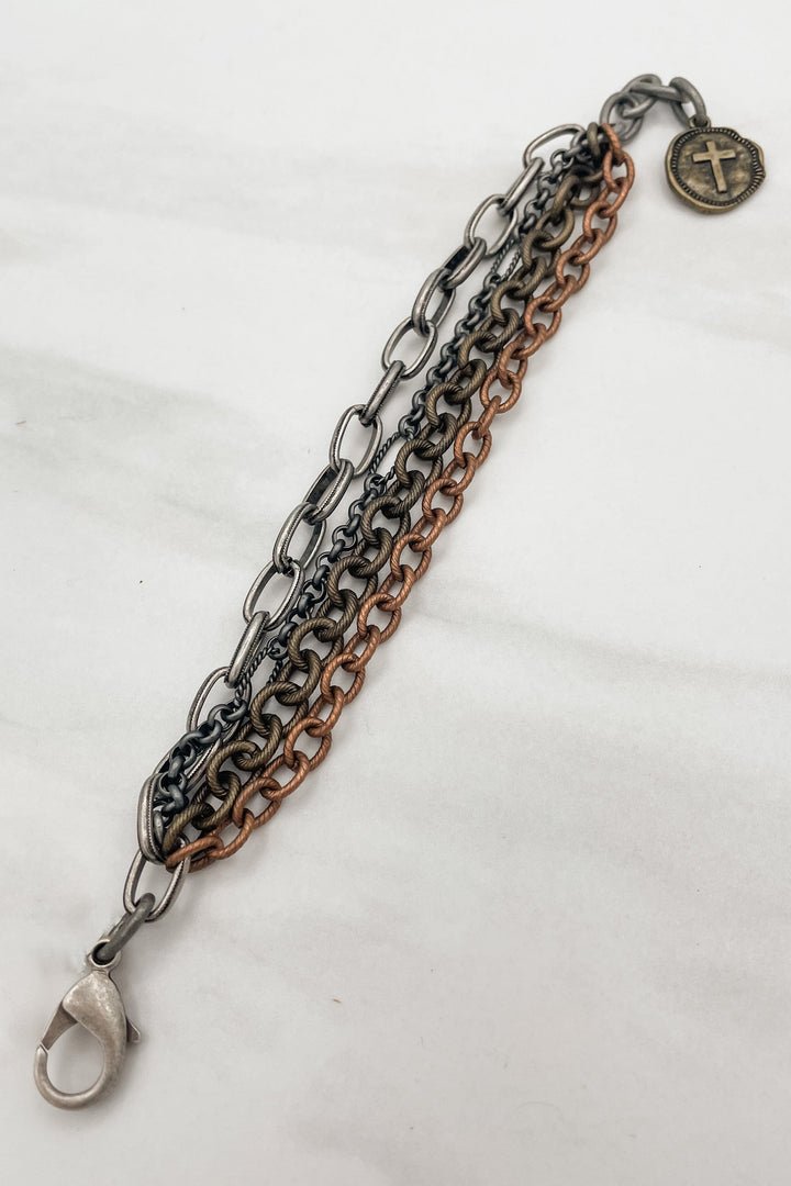 Multi Metal 4 Strand Chain Bracelet with Cross Dangle