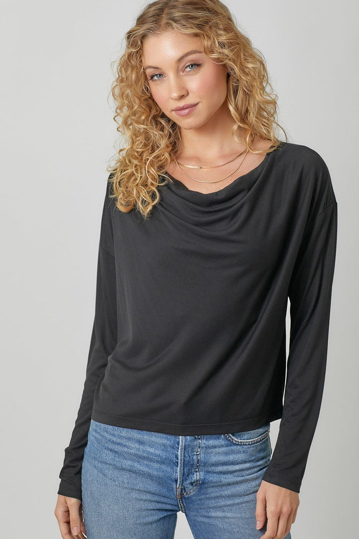 Mystree Cowl Neck Long Sleeve Loose Fit Modal Top