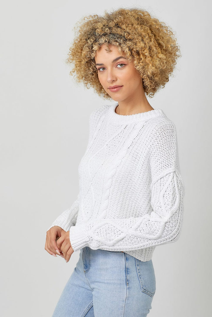 Mystree Crew Neck Cropped Cable Sweater