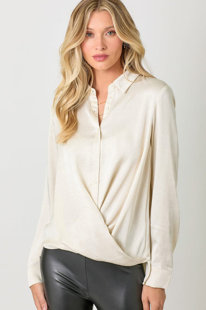 Mystree Crinkle Satin Twisted Hi-Low Bottom Button Down Blouse