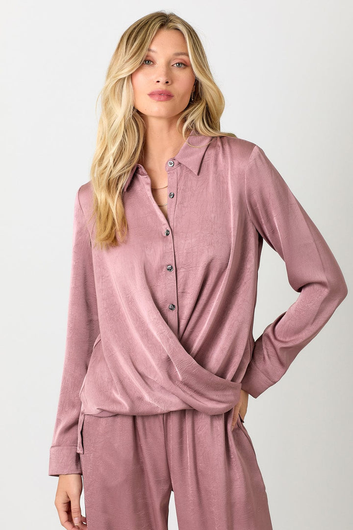 Mystree Crinkle Satin Twisted Hi-Low Bottom Button Down Blouse