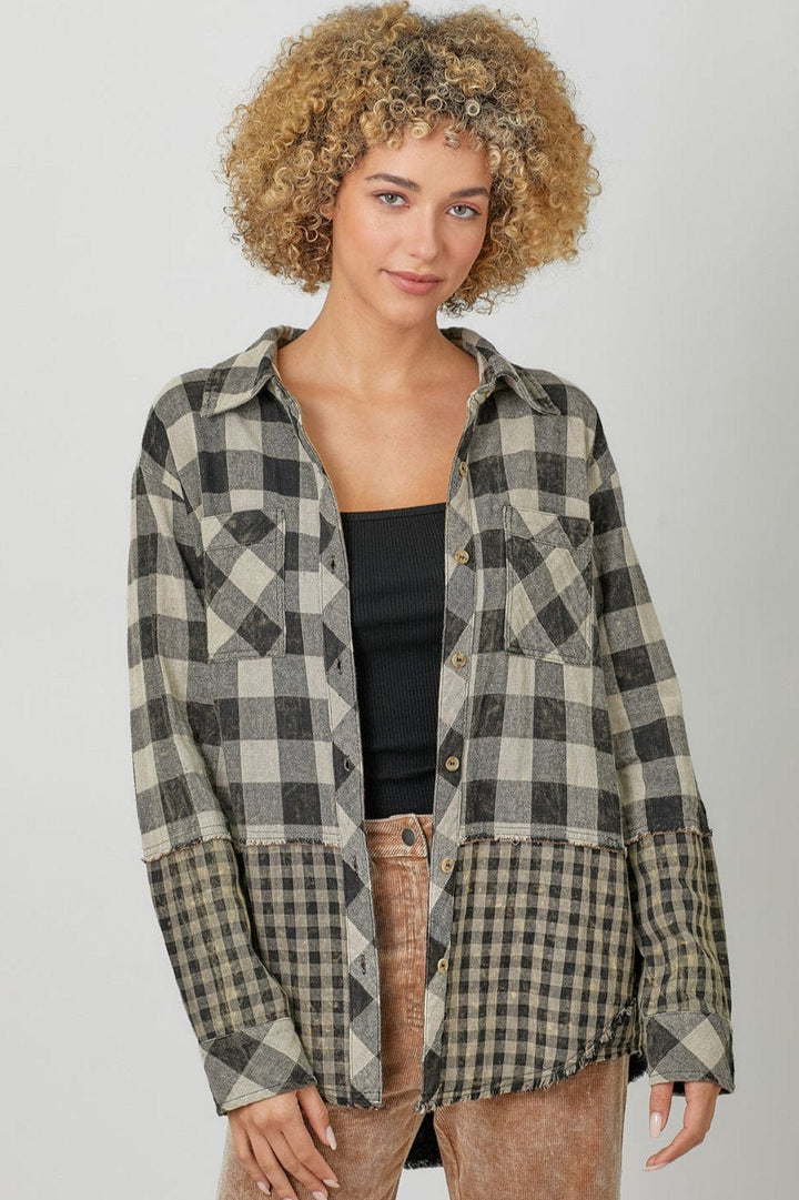 Mystree Double Cloth Button Down Mixed Gingham Hoodie Jacket with Removable Hood