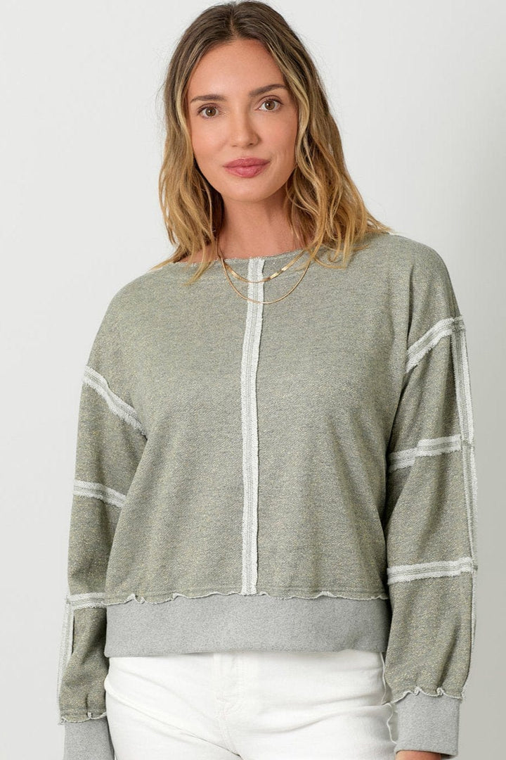 Mystree Exposed Seam Glitter Detailed Boat Neck Terry Sweatshirt Top