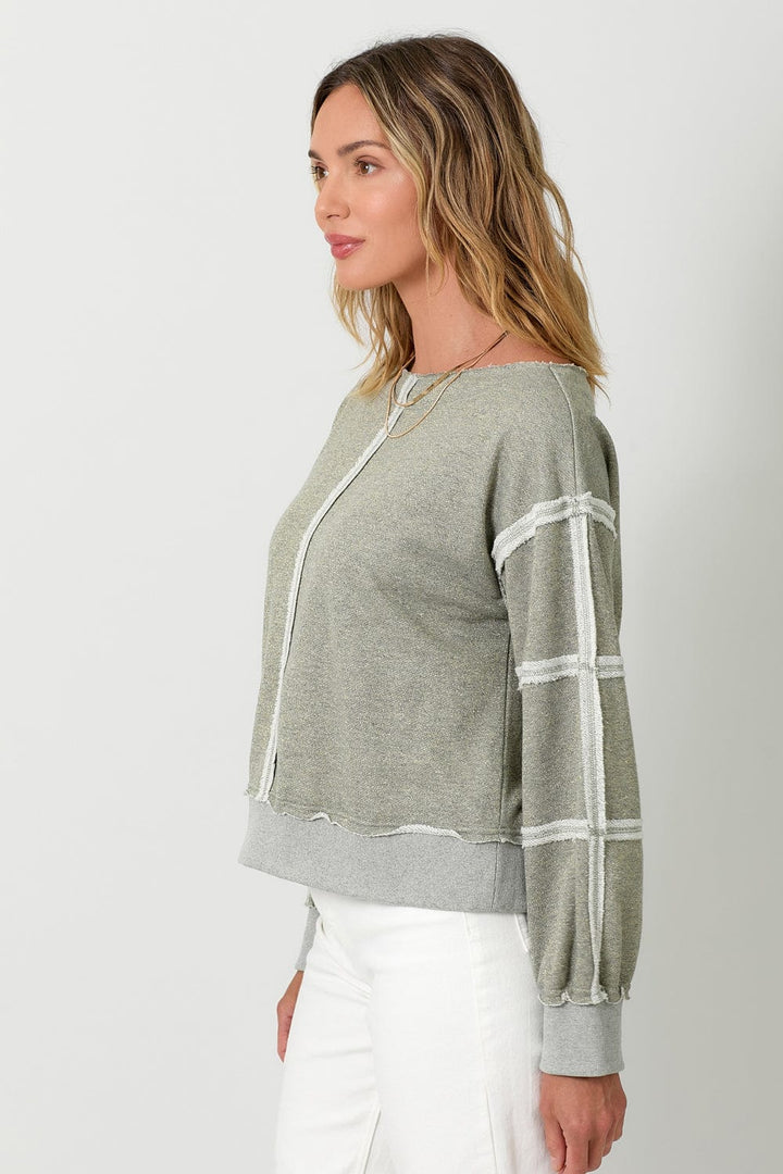 Mystree Exposed Seam Glitter Detailed Boat Neck Terry Sweatshirt Top