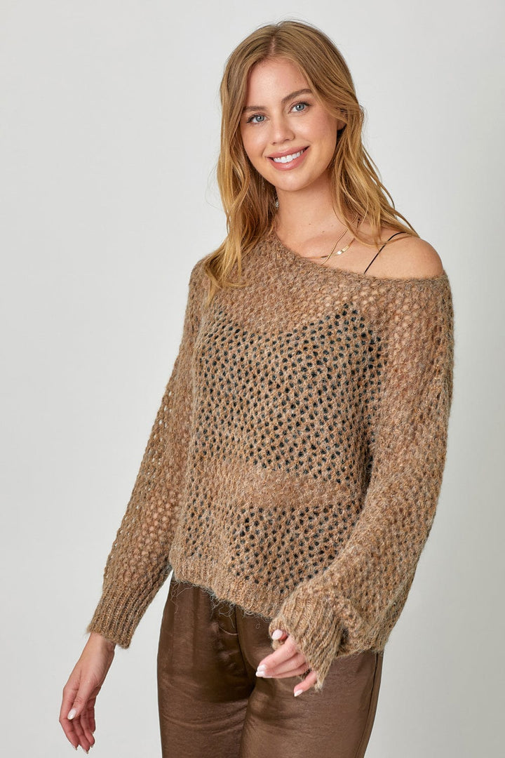 Mystree Metallic Net Boat Neck Pullover Sweater