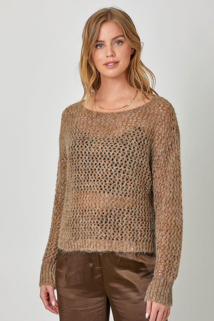 Mystree Metallic Net Boat Neck Pullover Sweater