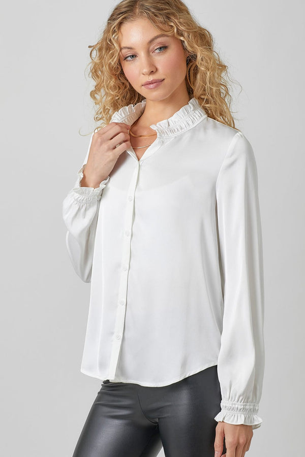 Mystree Ruffled Collar Bubble Sleeve Button Down Blouse