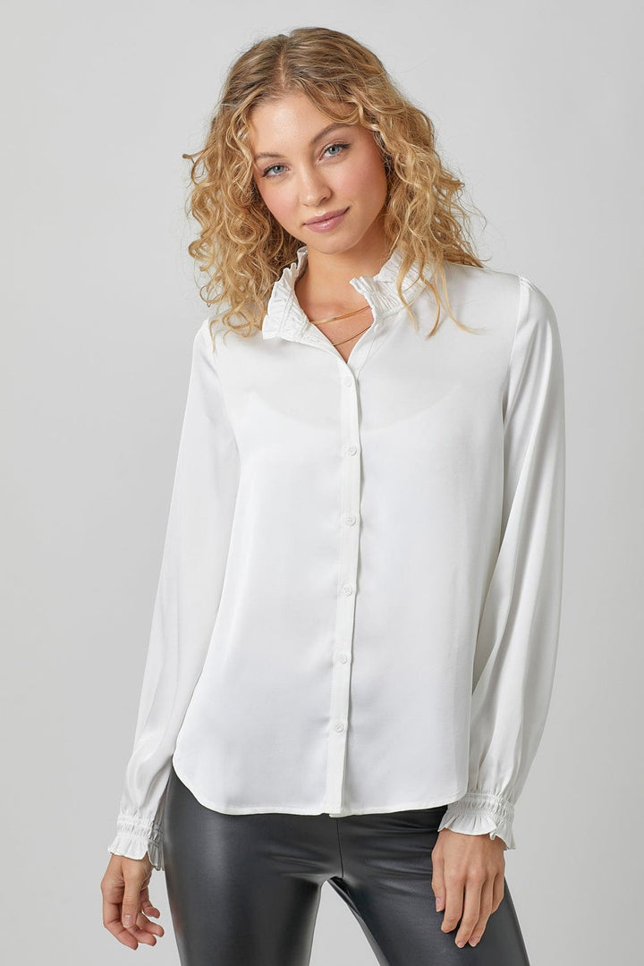 Mystree Ruffled Collar Bubble Sleeve Button Down Blouse