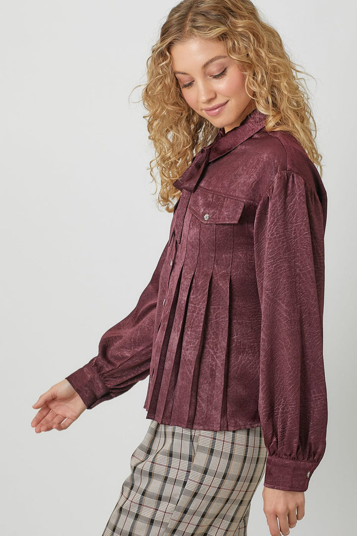 Mystree Tie Neck Pleated Button Down Textured Blouse