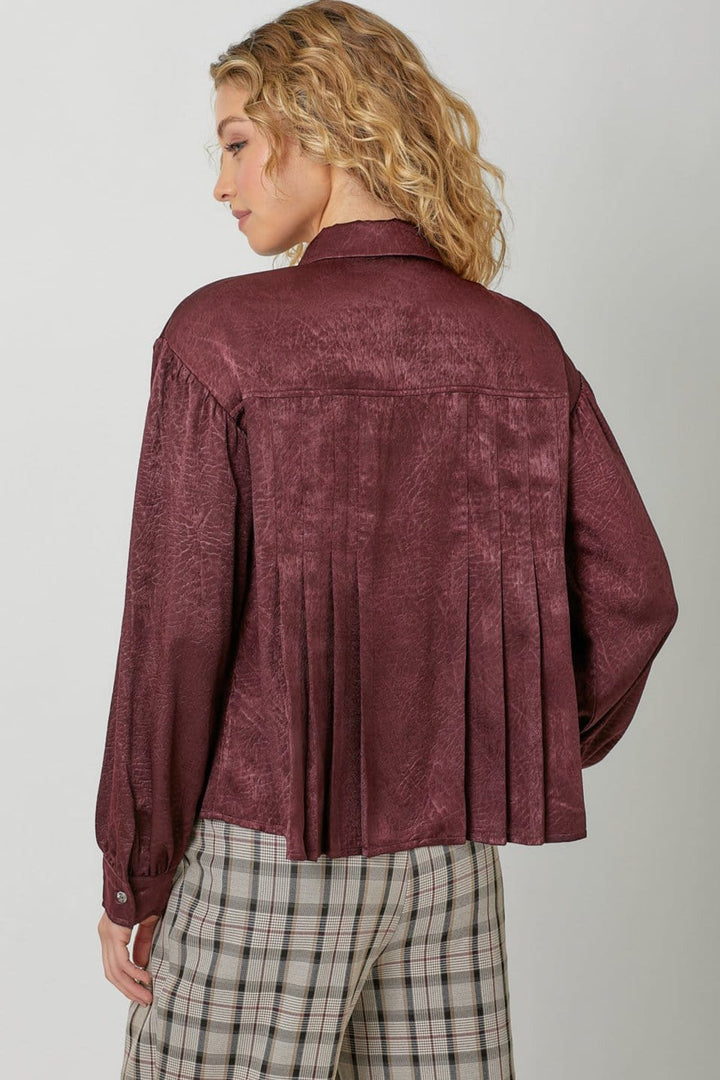 Mystree Tie Neck Pleated Button Down Textured Blouse