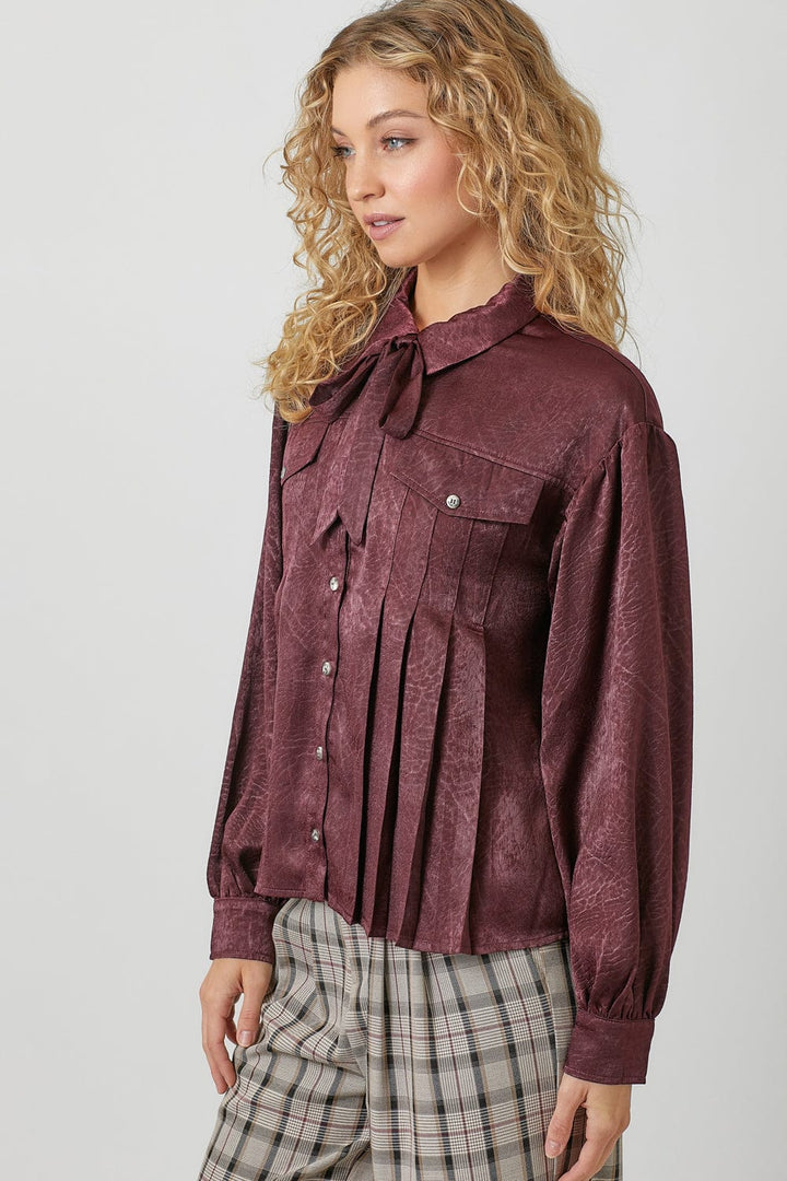 Mystree Tie Neck Pleated Button Down Textured Blouse