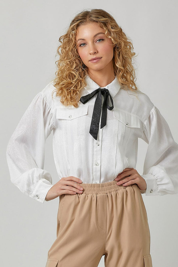 Mystree Tie Neck Pleated Button Down Textured Blouse