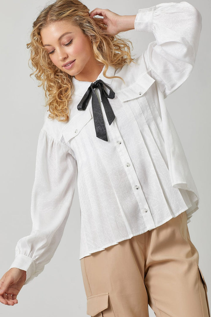 Mystree Tie Neck Pleated Button Down Textured Blouse